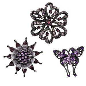Fairygoth Dark SilverTone Purple Pink Rhinestone Floral Butterfly 3PC Brooch Set